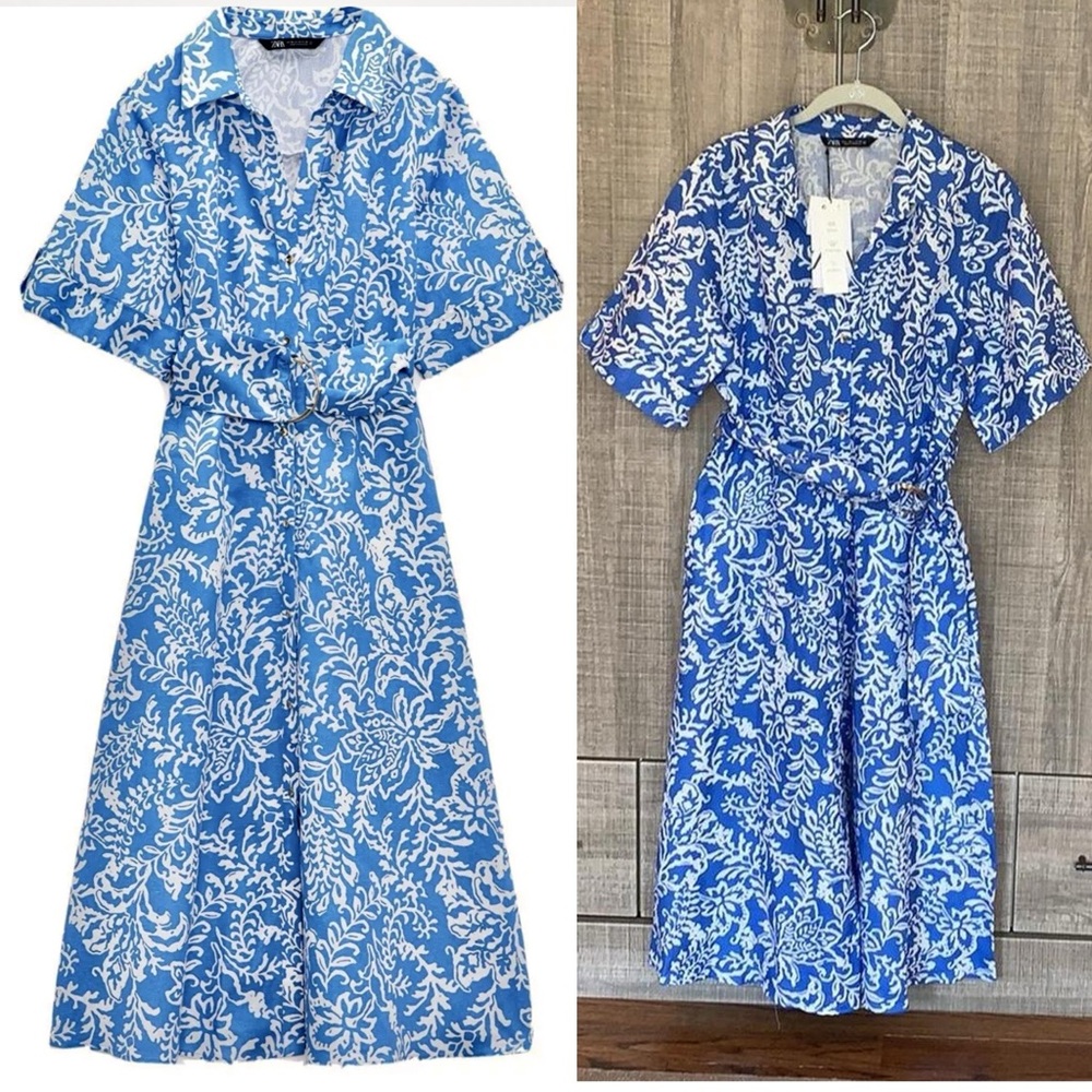 Zara NWT blue and white linen printed floral belted midi dress